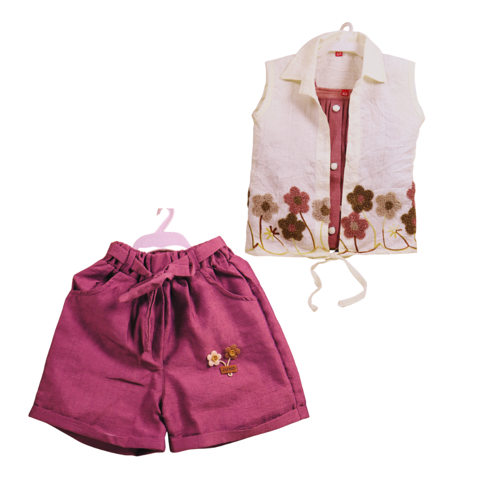 Girls Floral Embroidered Top & Shorts Set