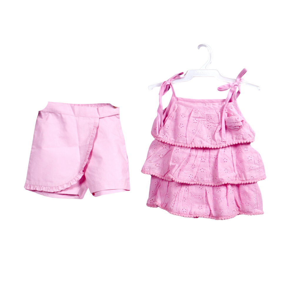 Girls Baby Pink Eyelet Ruffle Top & Shorts Set
